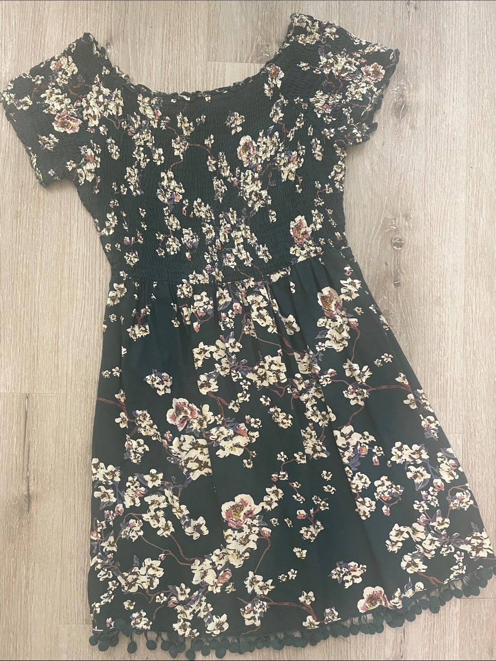 Forest Green Floral Smocked Dress with Pom Pom Hem | Women’s Size Small